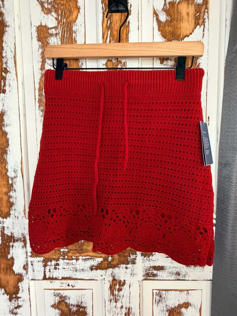 Women's Crochet Knit Drawstring Mini Skirt Red Size Small NWT Cottagecore